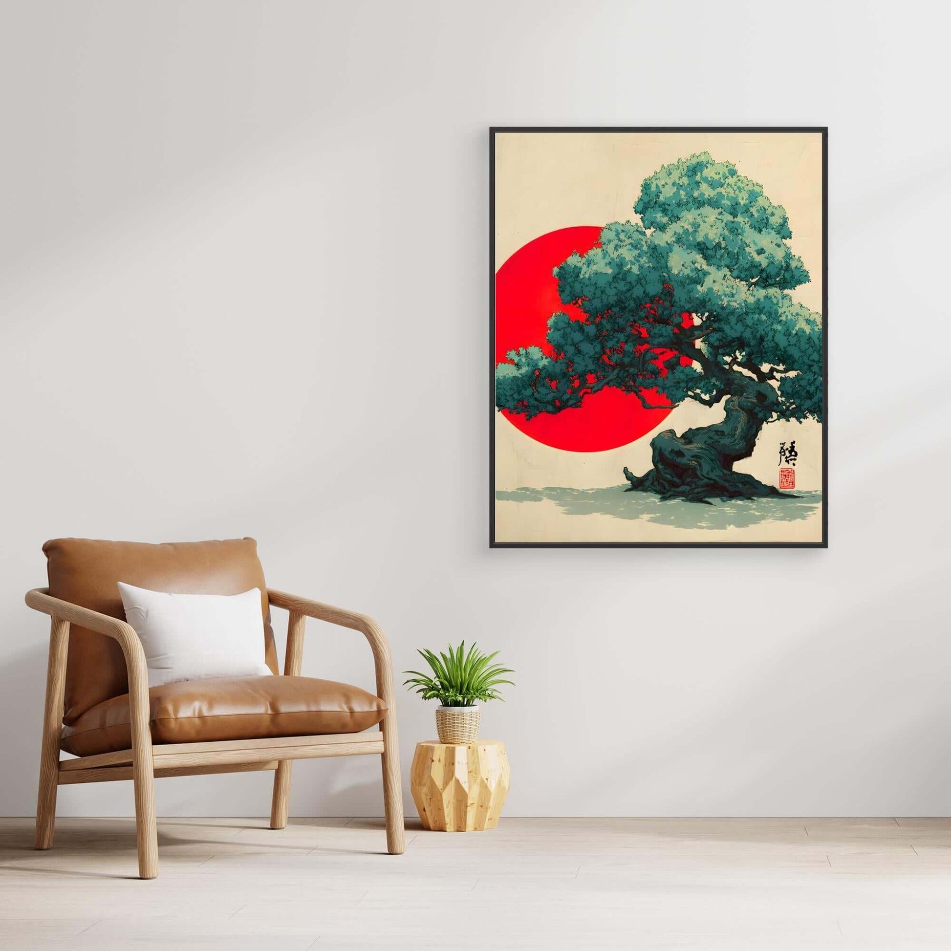 Japanese Red Sun Tree Art | Teal Bonsai Ukiyo-e Style Illustration