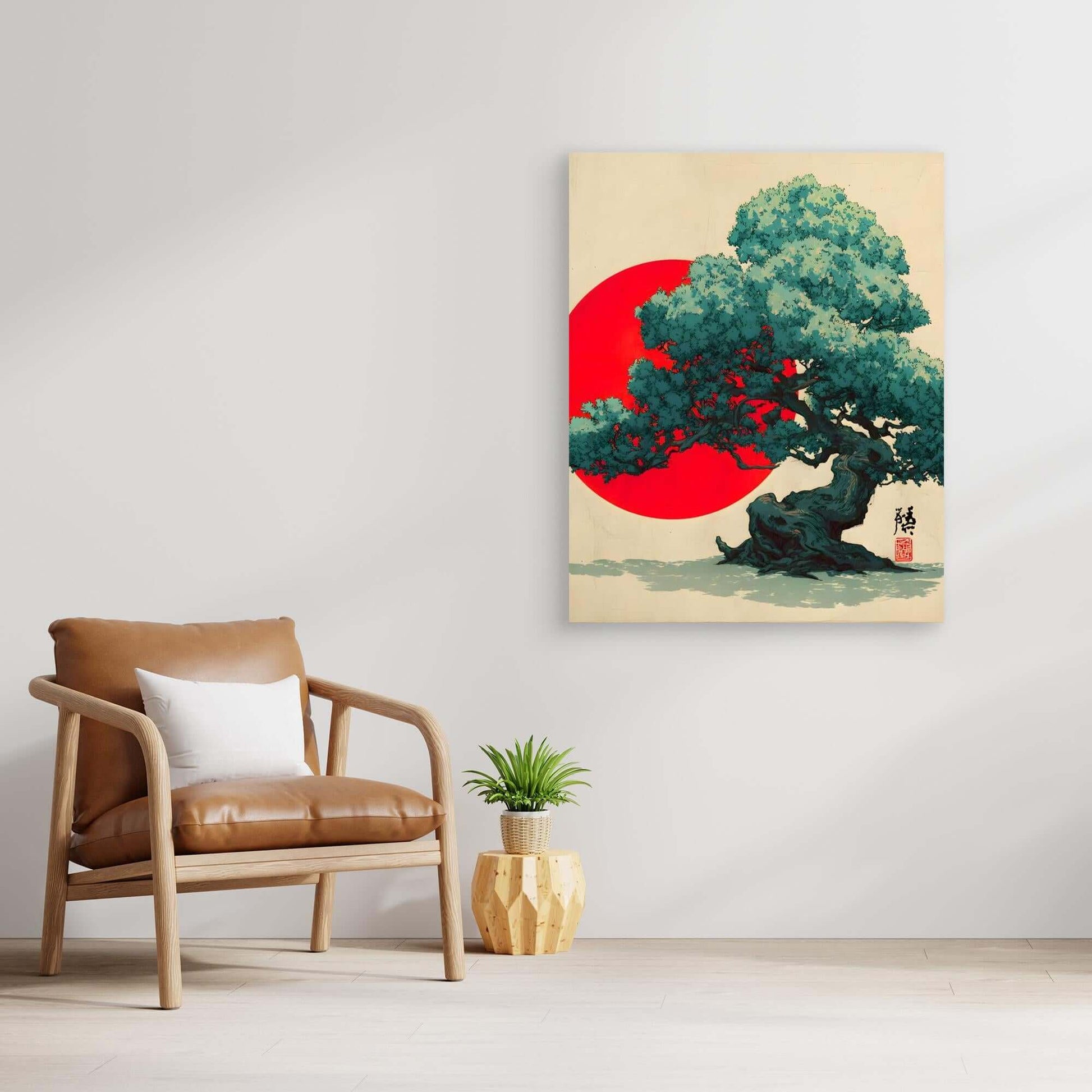 Japanese Red Sun Tree Art | Teal Bonsai Ukiyo-e Style Illustration