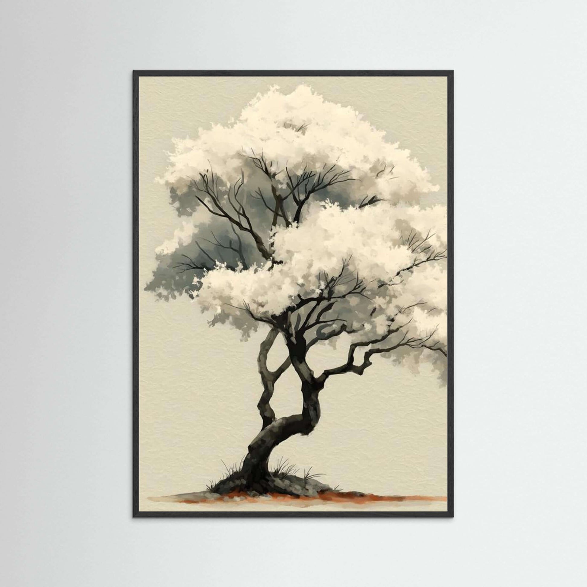 White Blossom Silence — Minimalist Zen Tree Wall Art Print