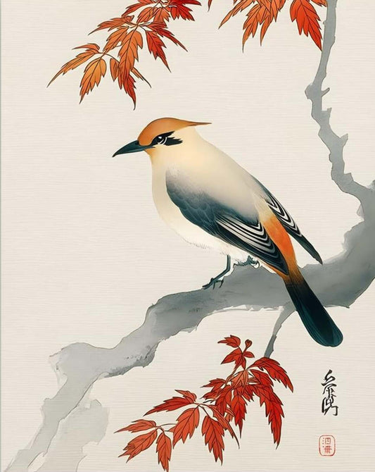 Japanese Bird Maple Art | Autumn Ukiyo-e Print