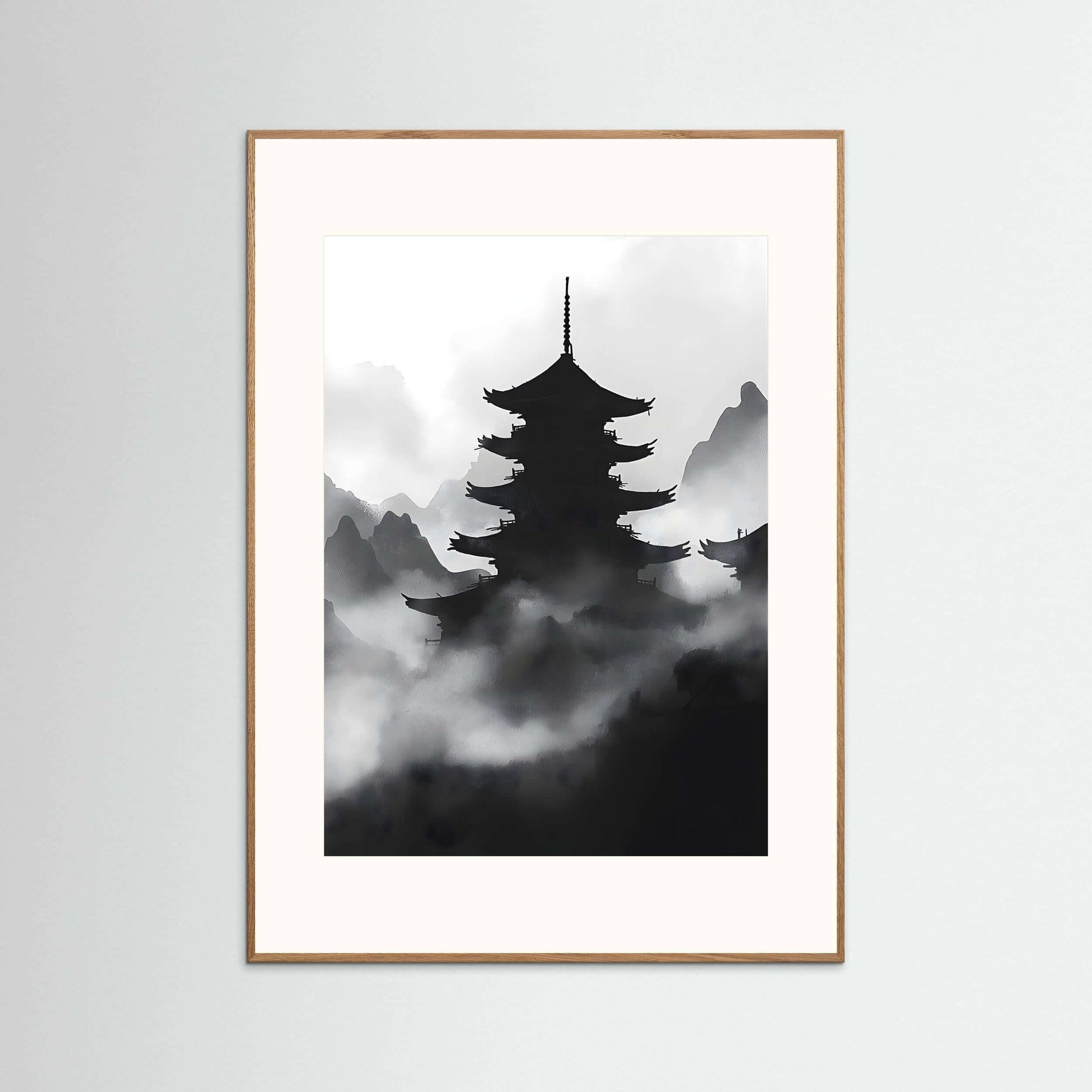 Misty Pagoda Wall Art – Japanese Ink Landscape Print for Minimalist Interiors