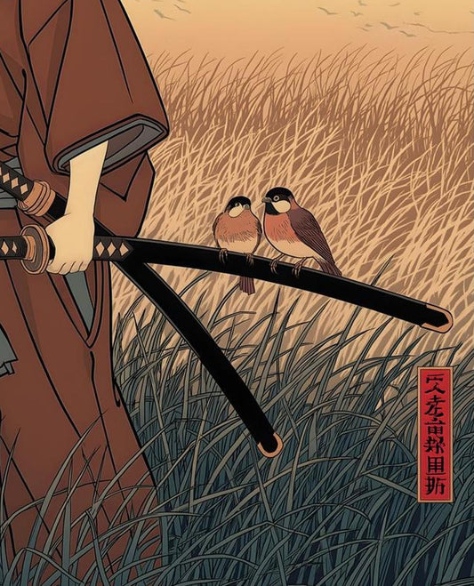 Peaceful Samurai Birds on Sword Ukiyo-e Art