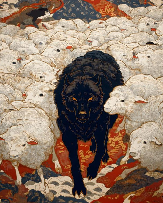 Black Wolf White Sheep Ukiyo-e Art Print
