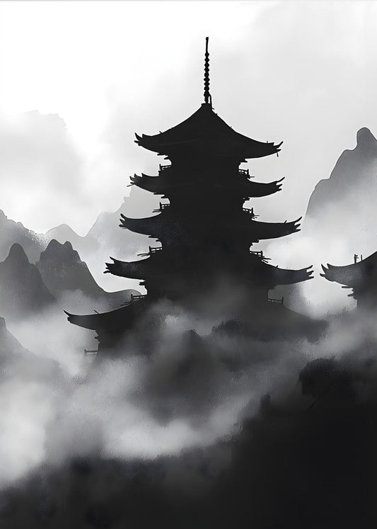 Misty Pagoda Wall Art – Japanese Ink Landscape Print for Minimalist Interiors