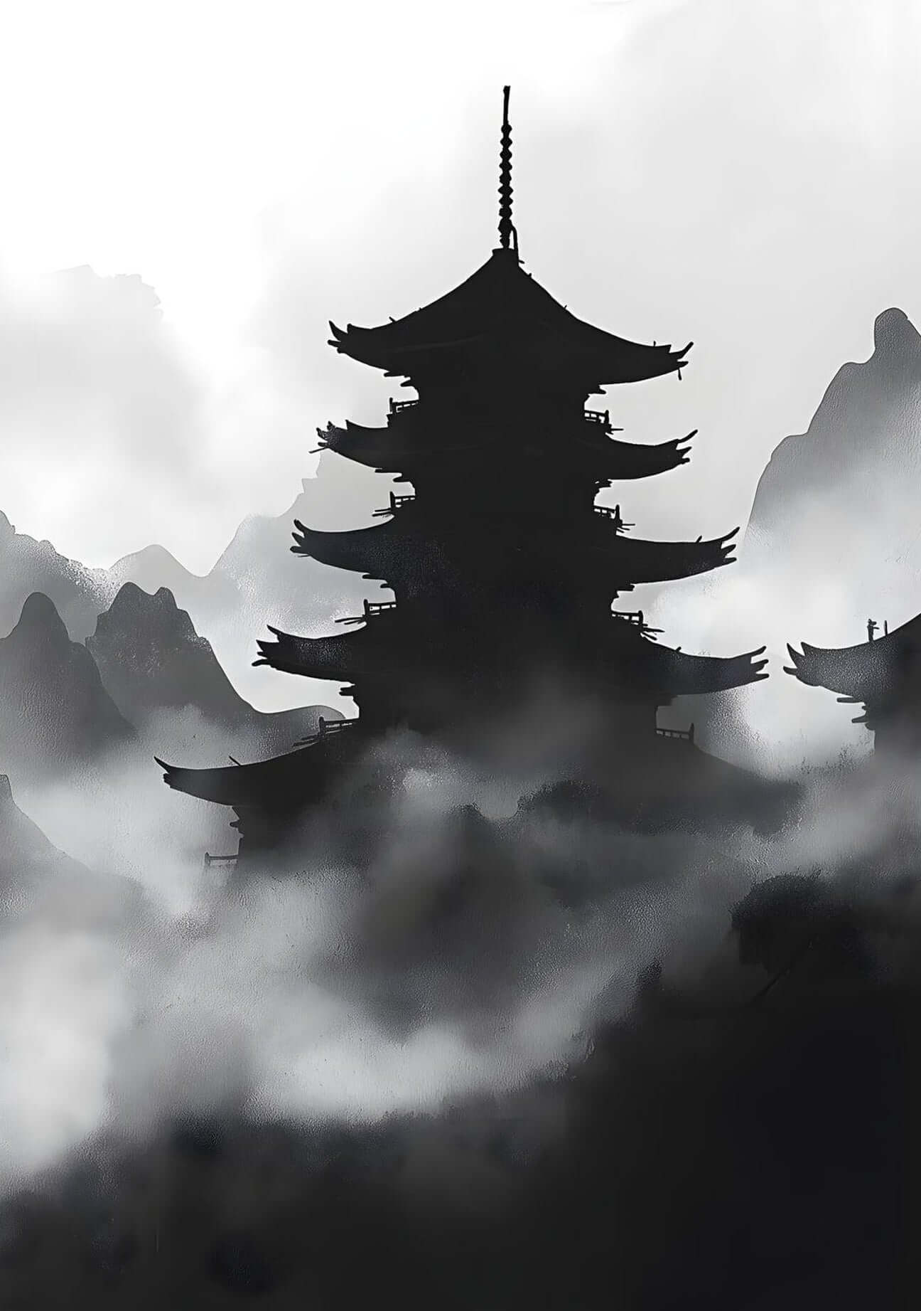 Misty Pagoda Wall Art – Japanese Ink Landscape Print for Minimalist Interiors