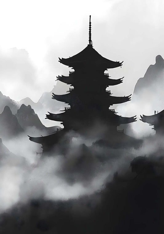 Misty Pagoda Wall Art – Japanese Ink Landscape Print for Minimalist Interiors