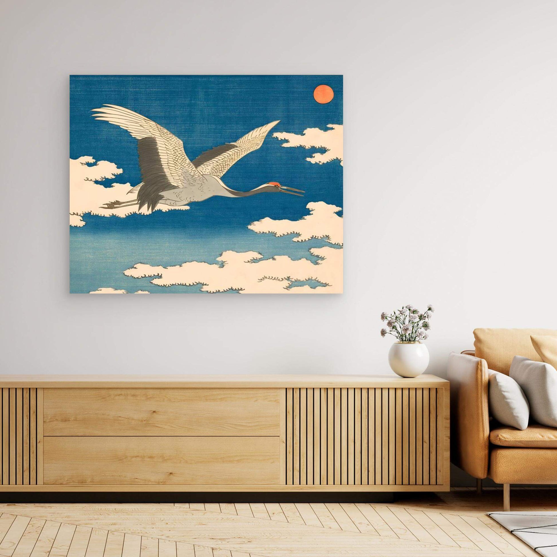 Japanese Crane Flying Art | Red Sun Clouds Ukiyo-e Woodblock Print