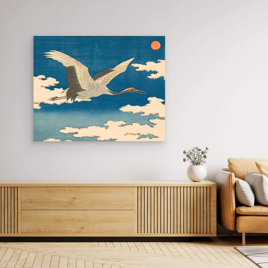 Japanese Crane Flying Art | Red Sun Clouds Ukiyo-e Woodblock Print
