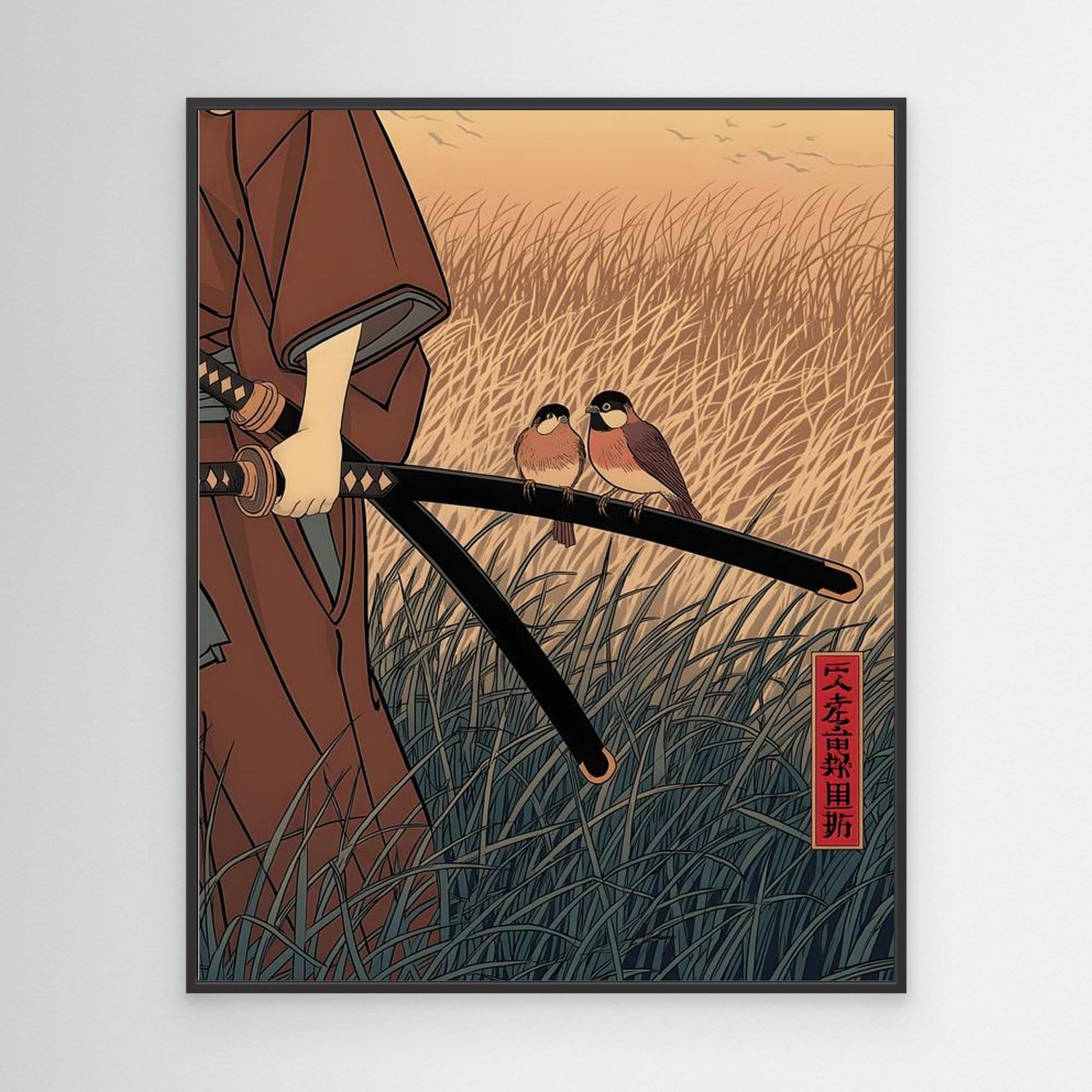 Peaceful Samurai Birds on Sword Ukiyo-e Art
