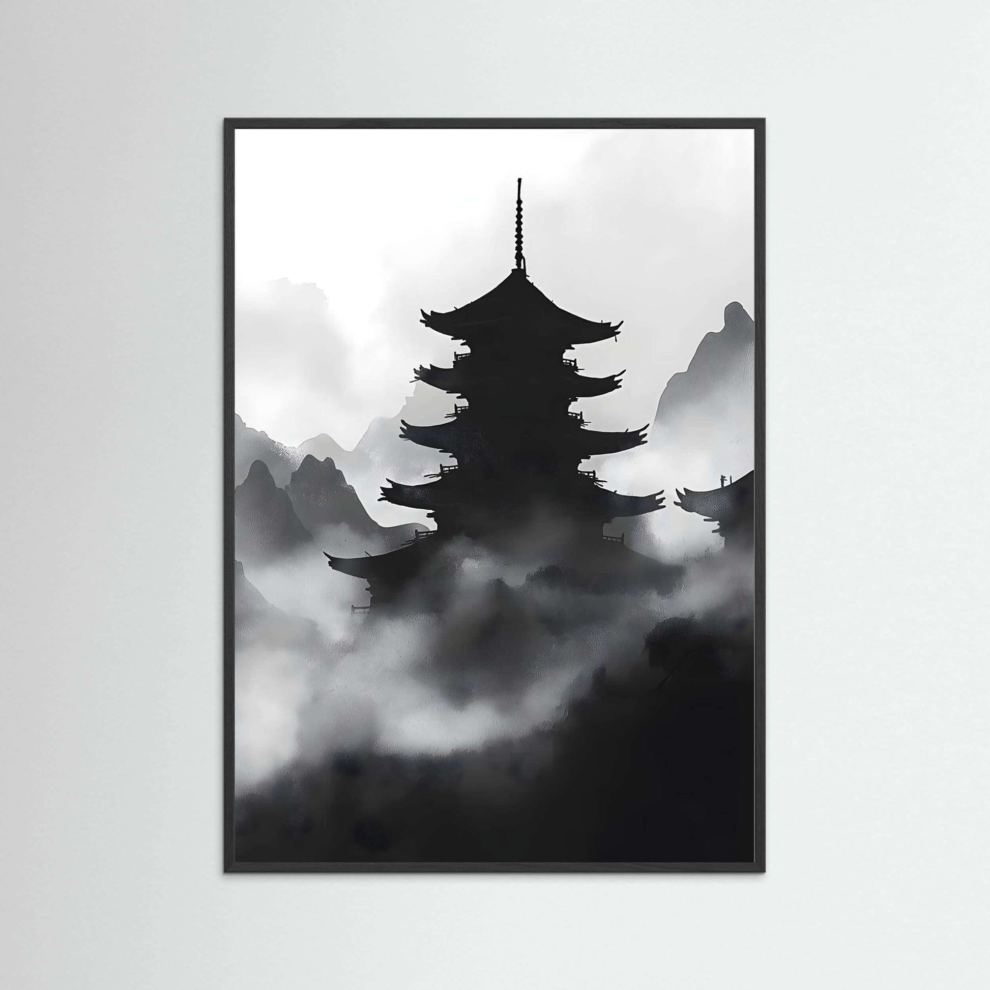 Misty Pagoda Wall Art – Japanese Ink Landscape Print for Minimalist Interiors