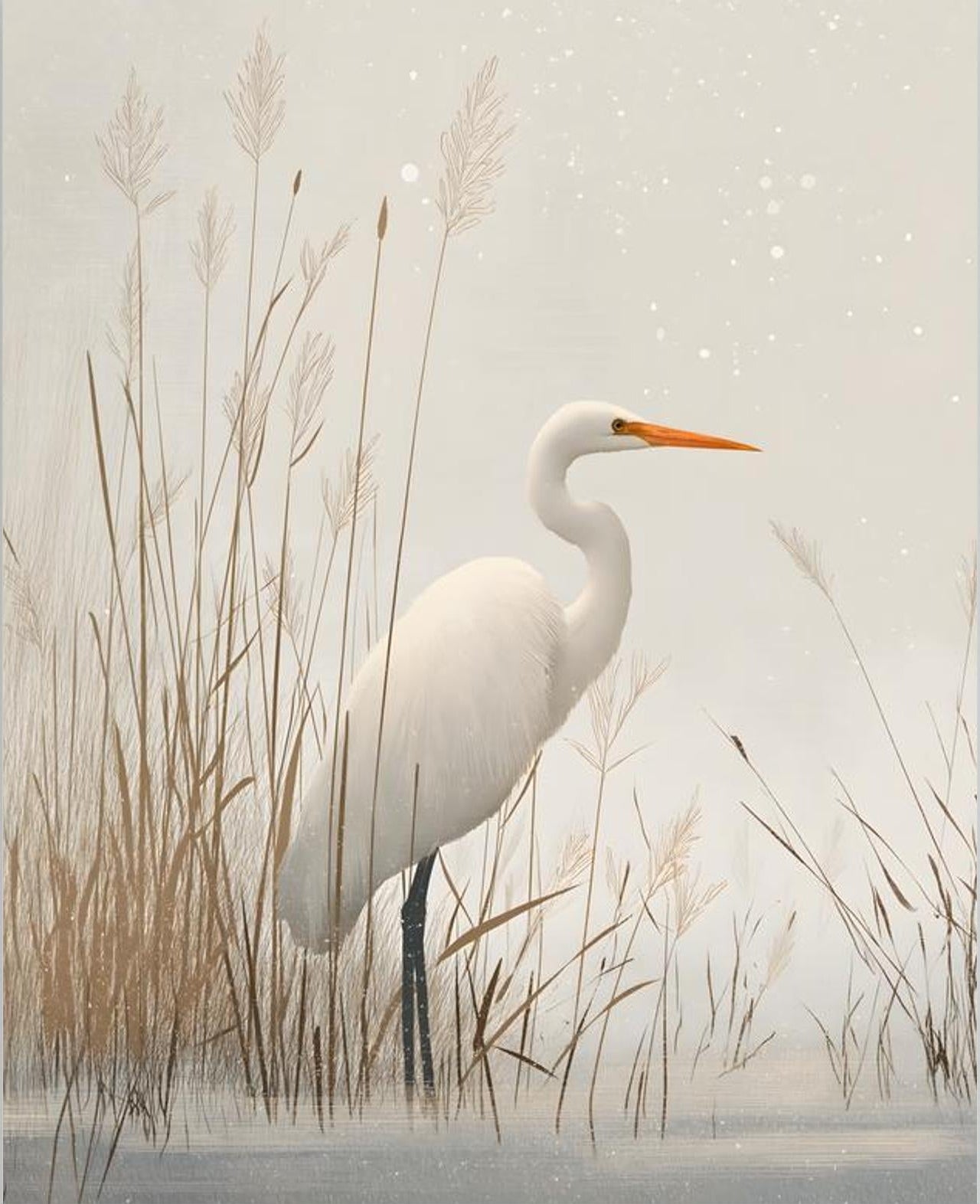 White Egret Winter Reeds Japanese Art Print