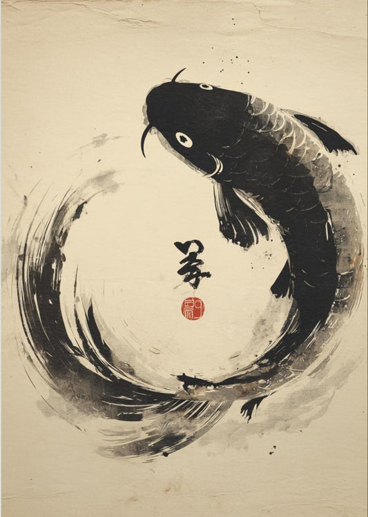 Flow of Fortune – Minimalist Ink Koi Wall Art