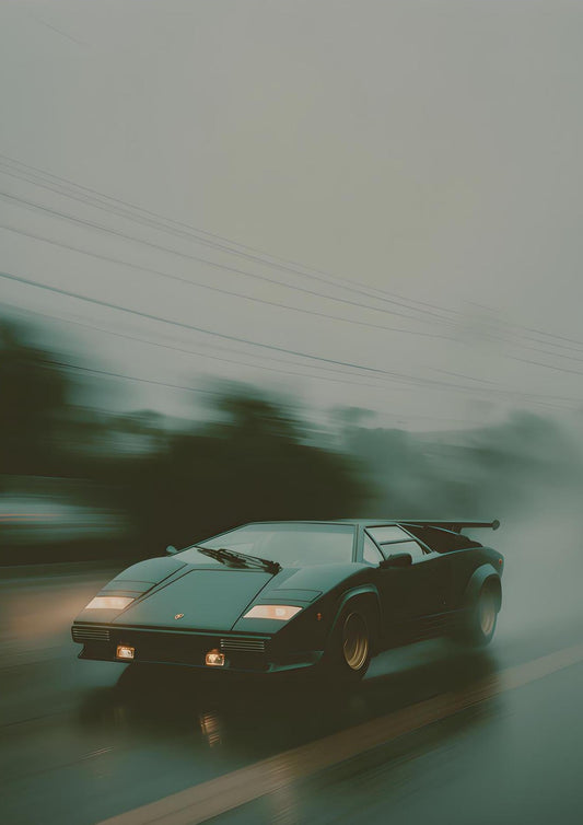 Lamborghini Countach Rain Drive Wall Art – Cinematic Supercar Canvas Print