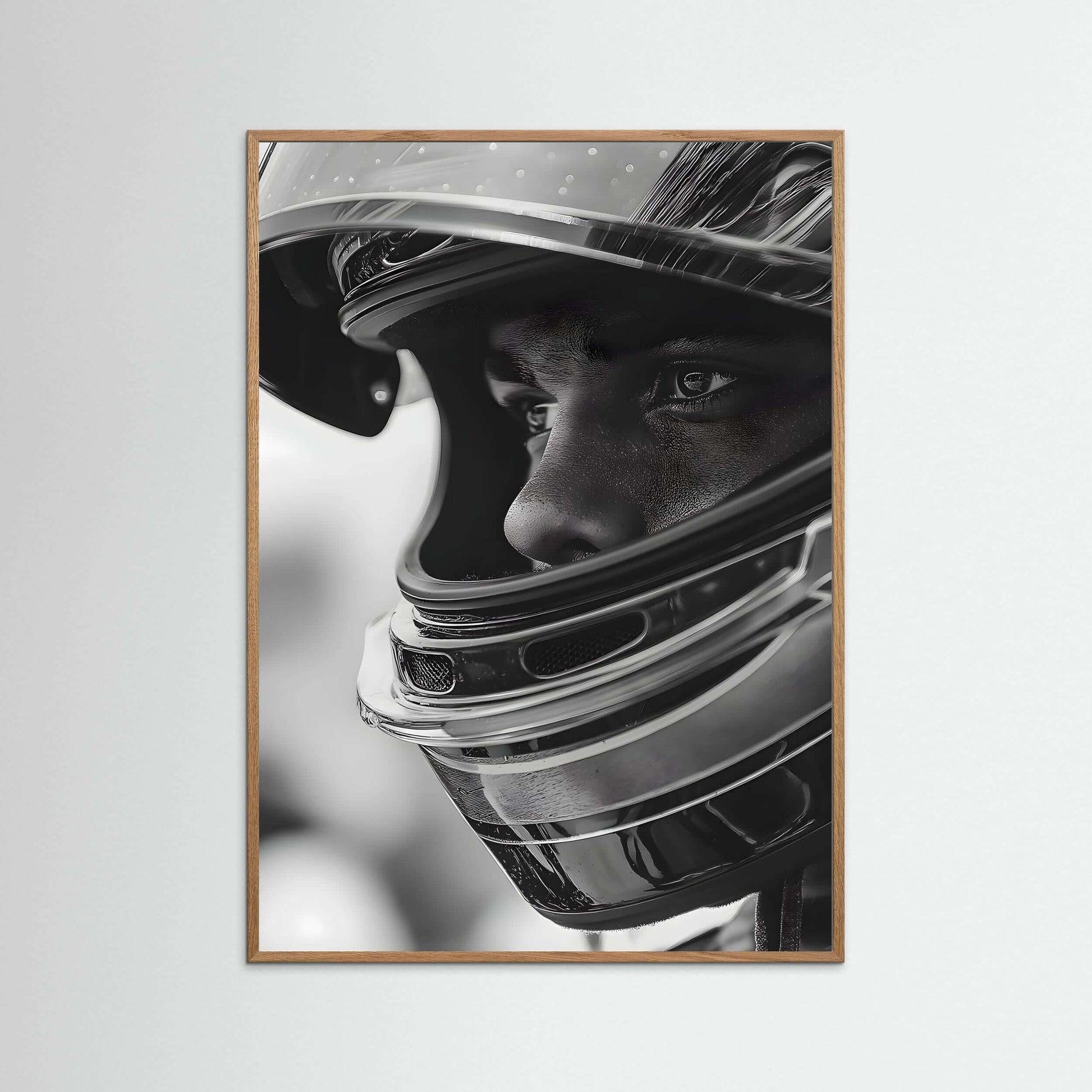 Racing Helmet Portrait Wall Print – Modern Black & White Motorsport Artwork