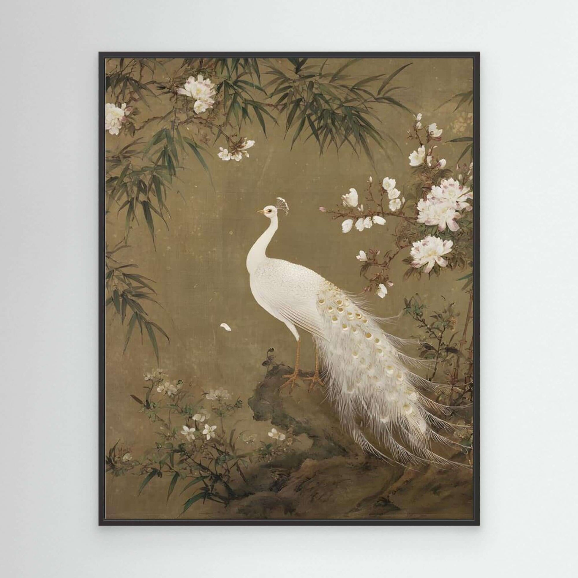 Chinese White Peacock Painting | Peonies Bamboo Gold Detail Art