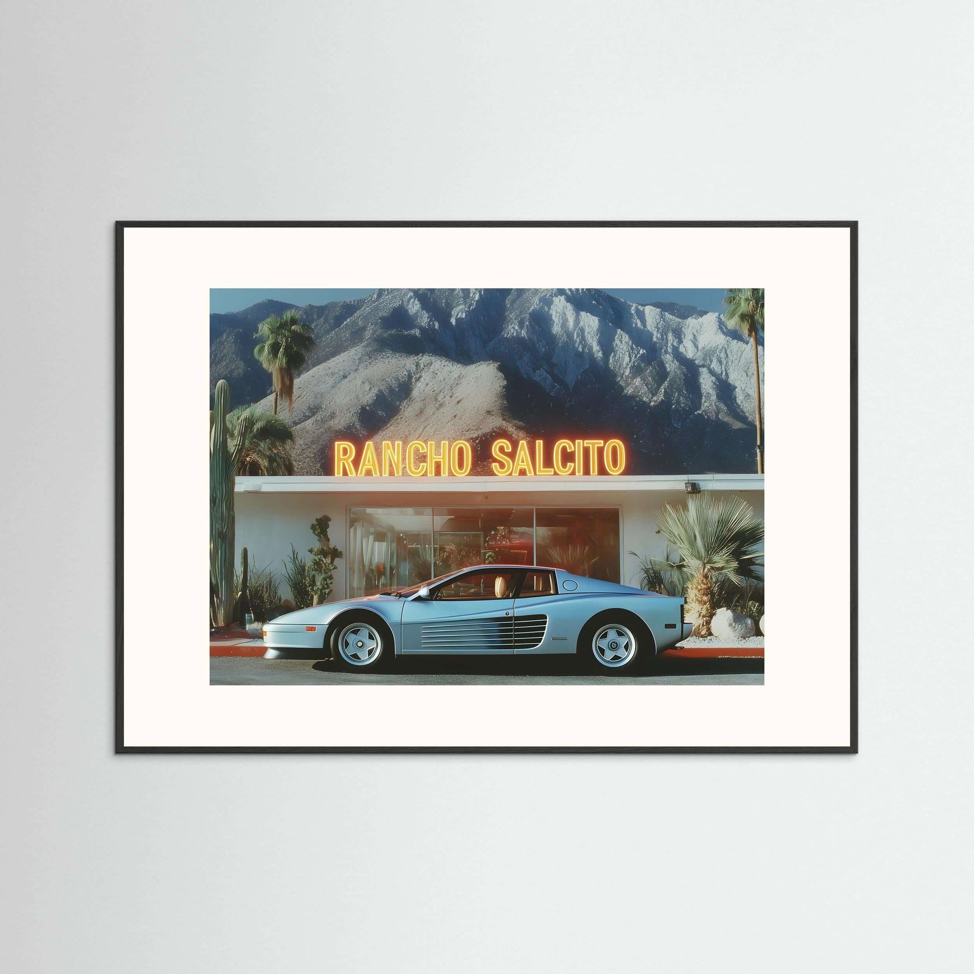 Rancho Salcito Nights Wall Art – Retro Supercar Desert Motel Canvas Print