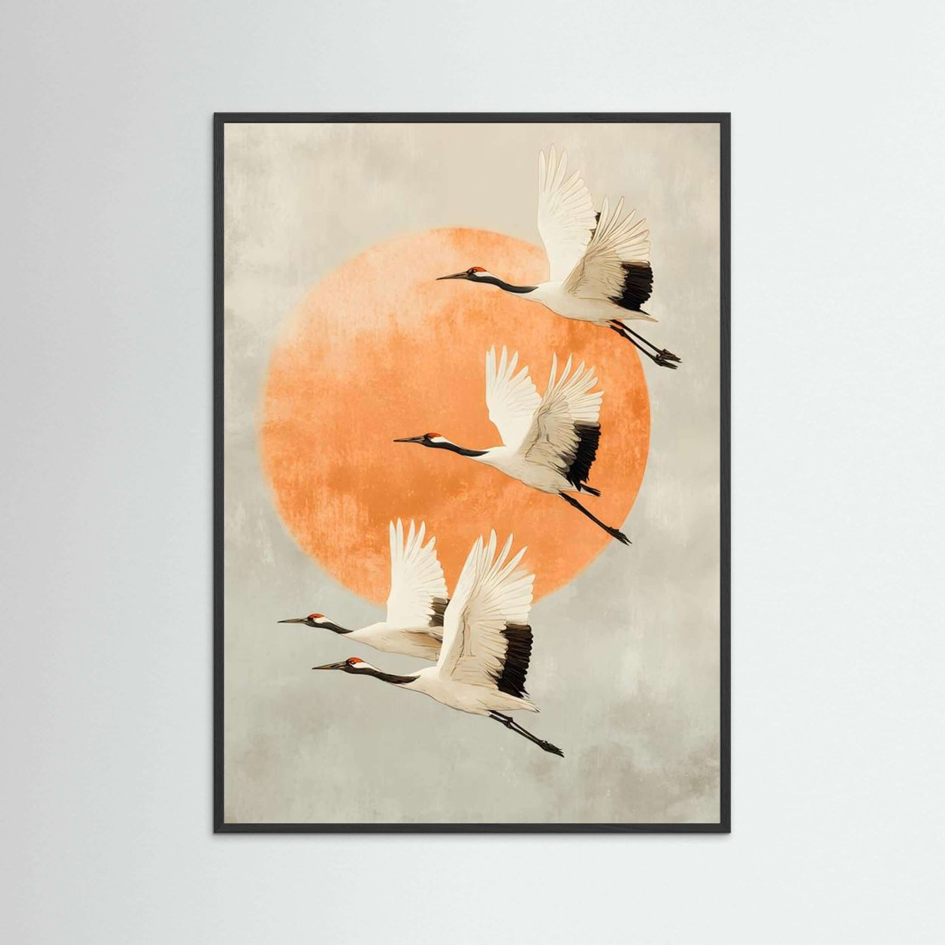 Cranes Wall Art Print featuring minimalist cranes flying against an orange circle, ideal for modern decor.