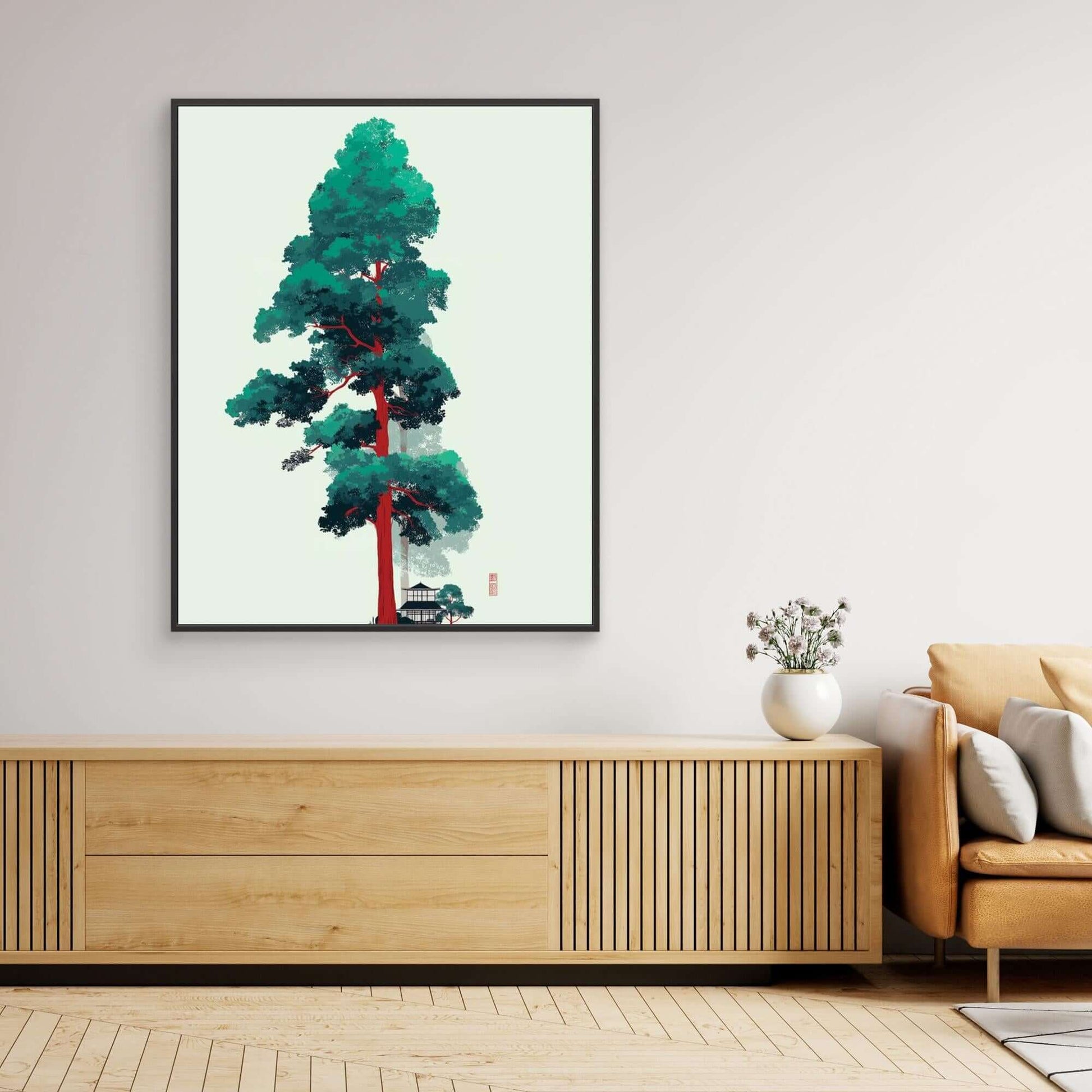 Japanese Tree Illustration | Red Trunk Green Leaves Minimalist Art
