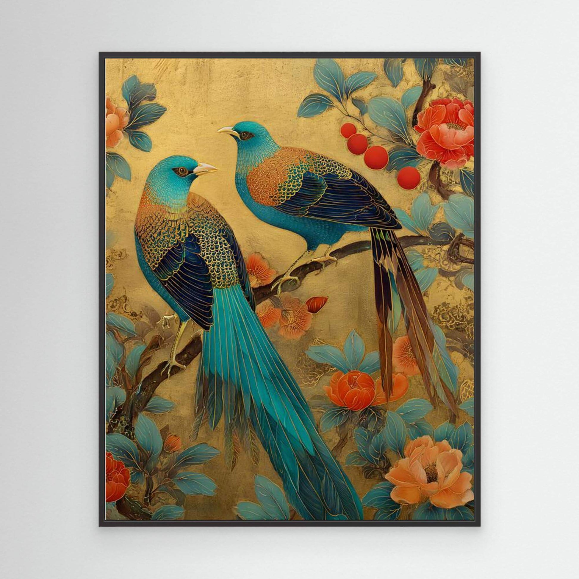 Chinese Bird Flower Painting | Magpies Peonies Gold Leaf Art