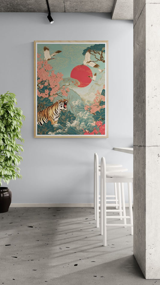 Crimson Sun Ascension — Tiger, Cranes & Sakura Japanese Wall Art