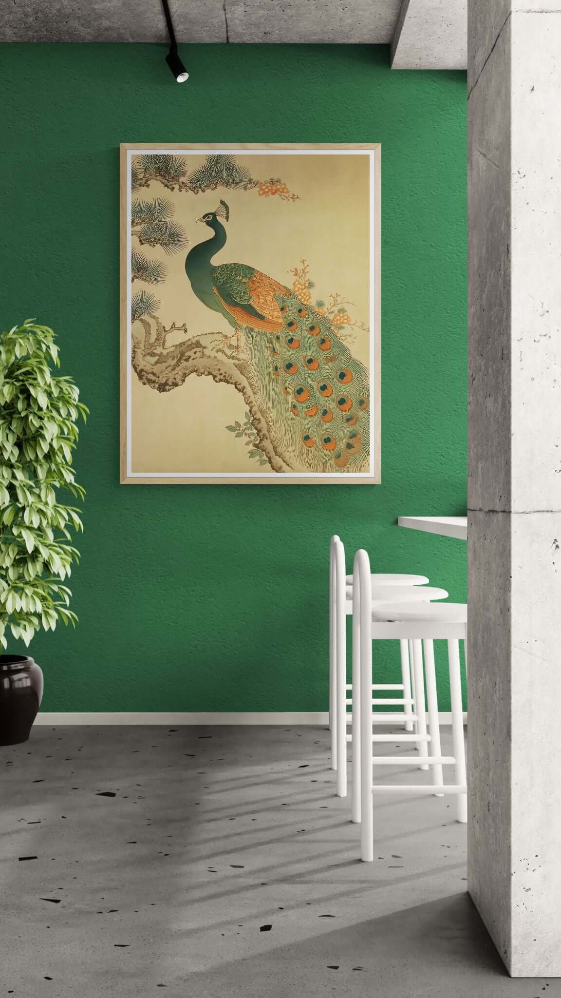 Golden Pine Peacock — Traditional Asian Peacock Wall Art Print