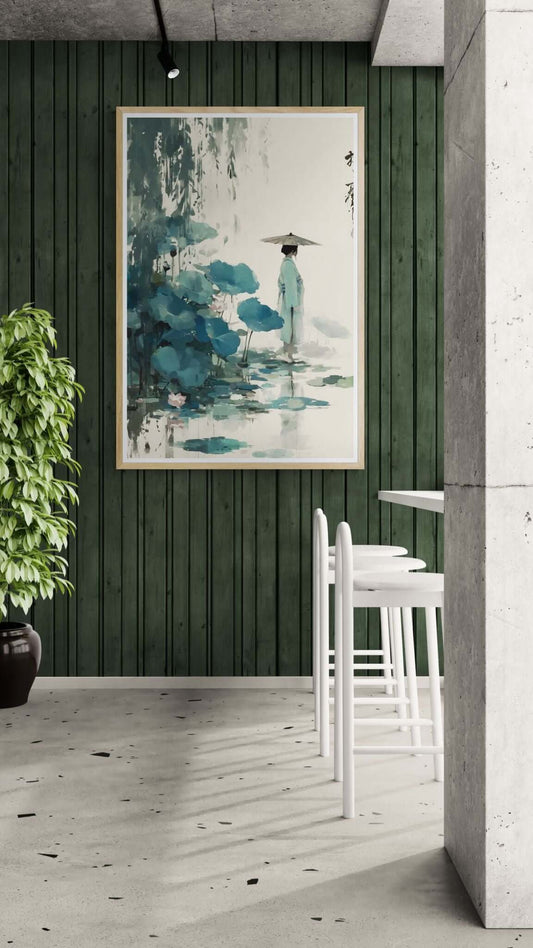 zen ink figure art-Stillness by the Lotus Pond
