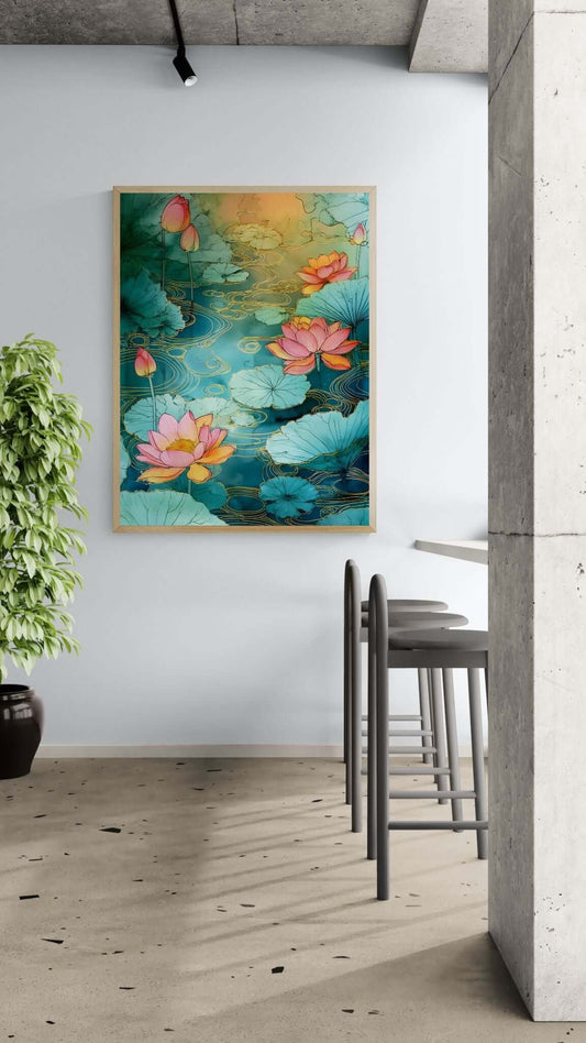  Japandi botanical wall art print-Golden Lotus Flow