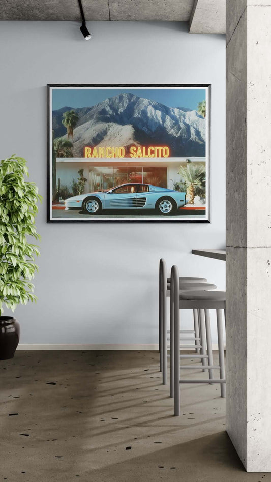 Rancho Salcito Nights Wall Art – Retro Supercar Desert Motel Canvas Print