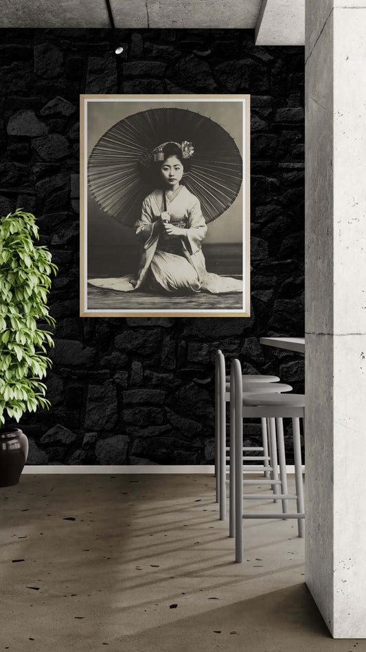 Japanese Geisha Wall Art Print – Timeless Black & White Portrait with Umbrella