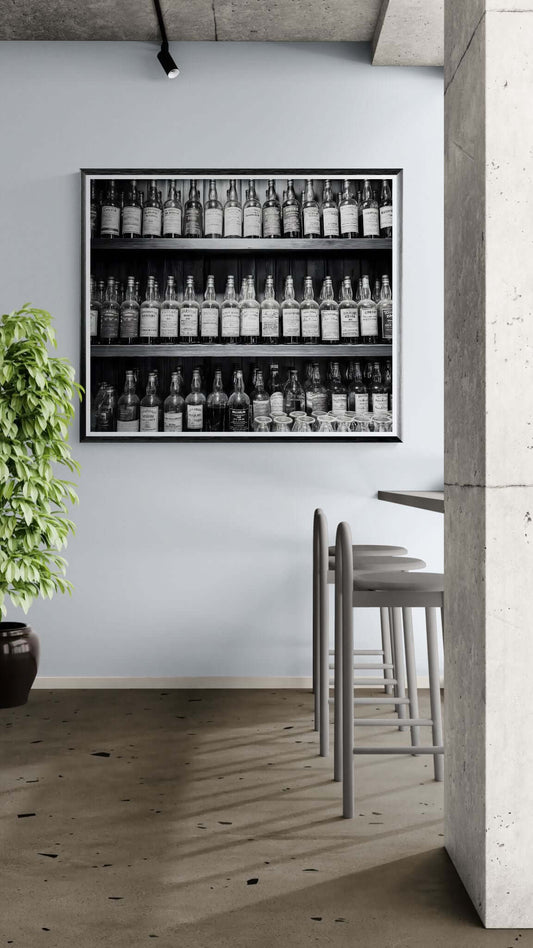 Vintage Whiskey Bottles Black and White Bar Wall Art