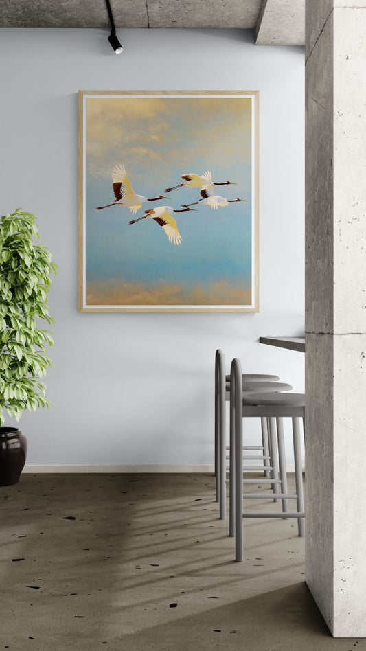 Cranes in Flight at Golden Sky