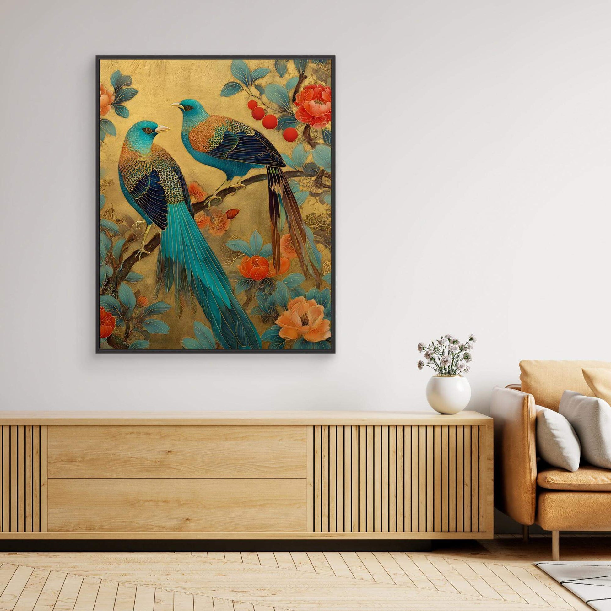 Chinese Bird Flower Painting | Magpies Peonies Gold Leaf Art