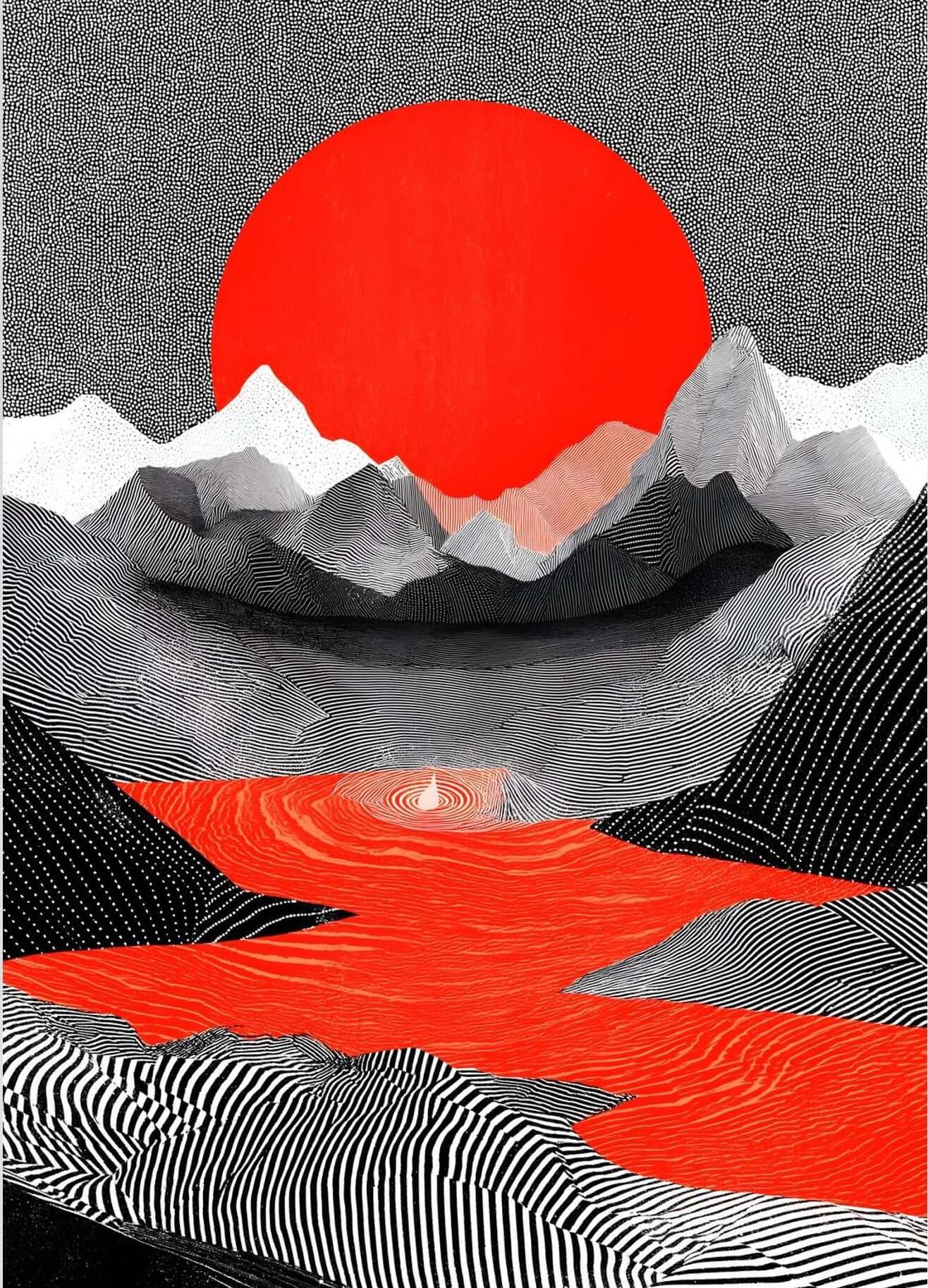 Abstract Japanese Landscape Wall Art – Red Sun Minimalist Mountain Print