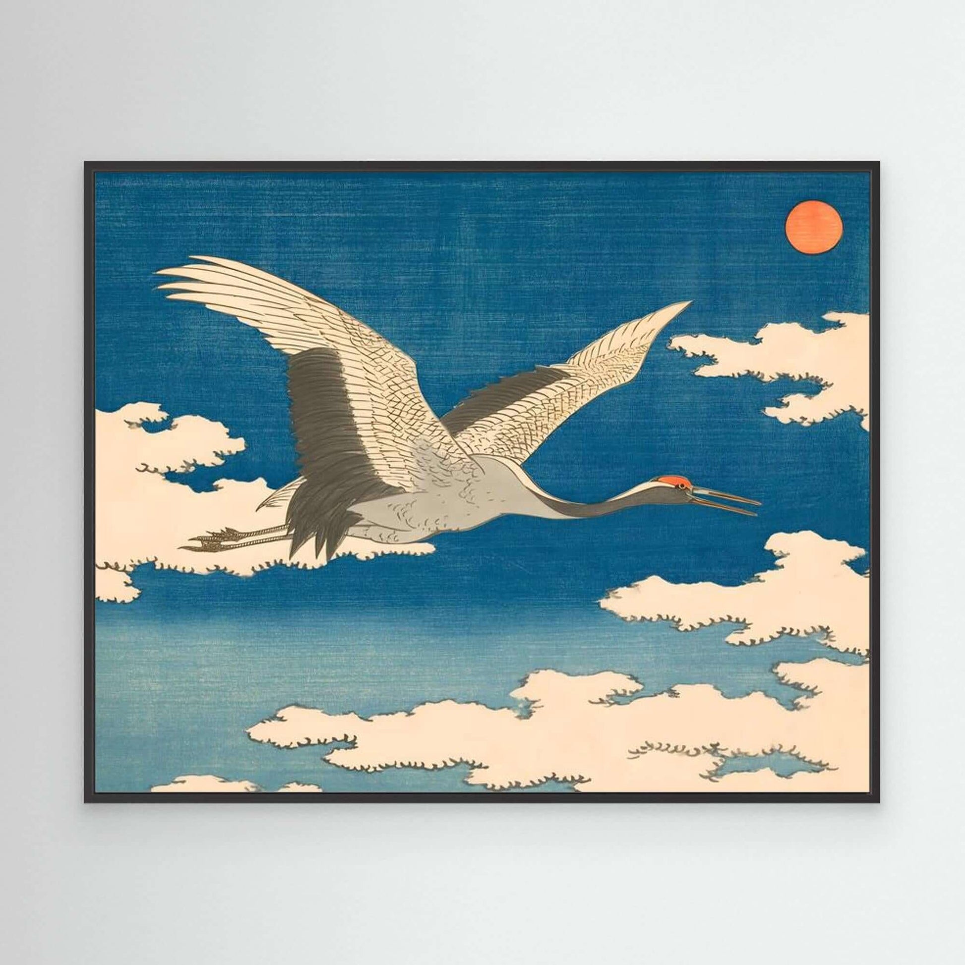 Japanese Crane Flying Art | Red Sun Clouds Ukiyo-e Woodblock Print