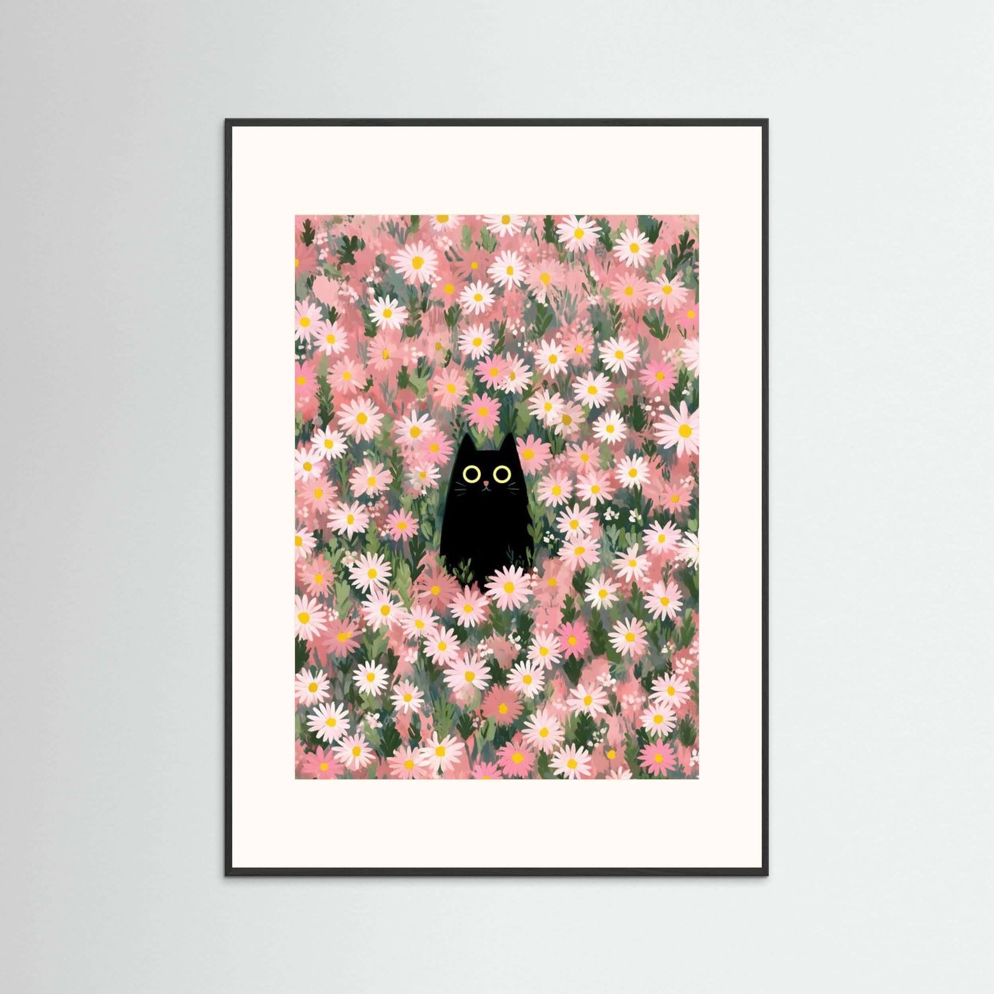 Midnight Cat in Bloom — Whimsical Floral Cat Wall Art