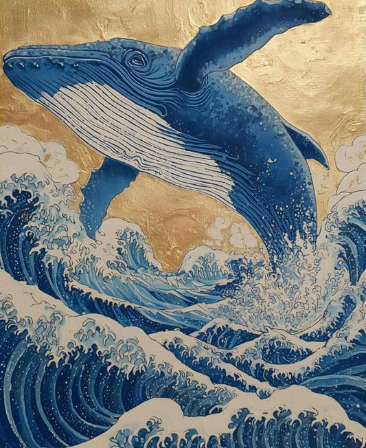Japanese Whale Art | Hokusai Style Wave Gold Leaf Print