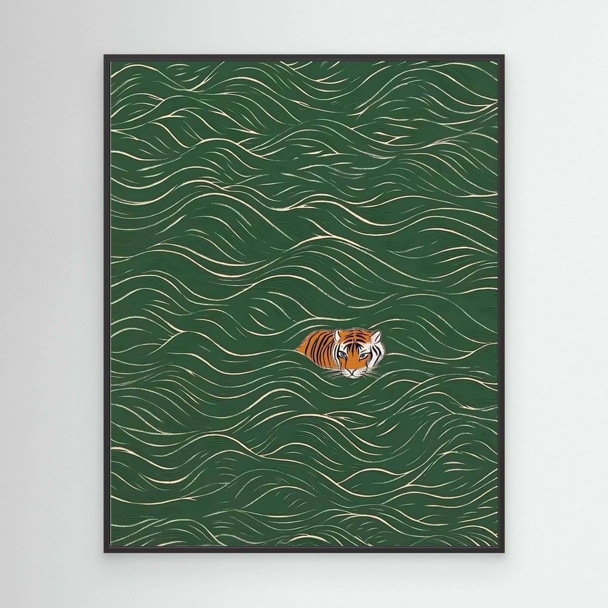 Japanese Tiger Art | Green Wave Pattern Ukiyo-e Print