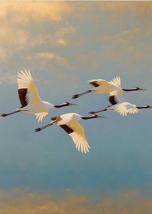 Cranes in Flight at Golden Sky