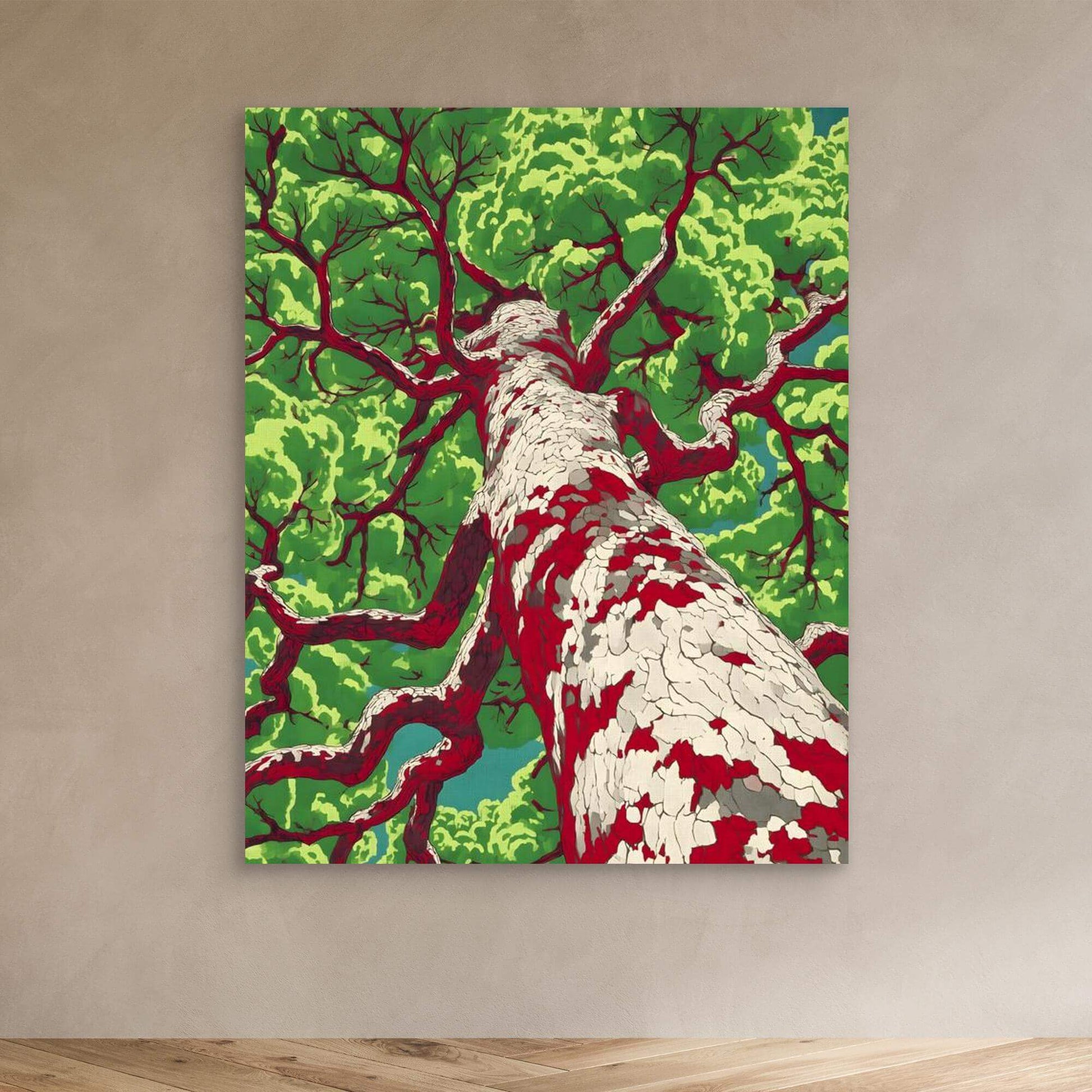 Pop Art Tree Print | Bold Red Branches Green Leaves Graphic Illustration