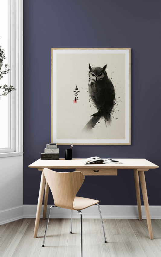 Watcher in Silence – Minimalist Ink Owl Wall Art