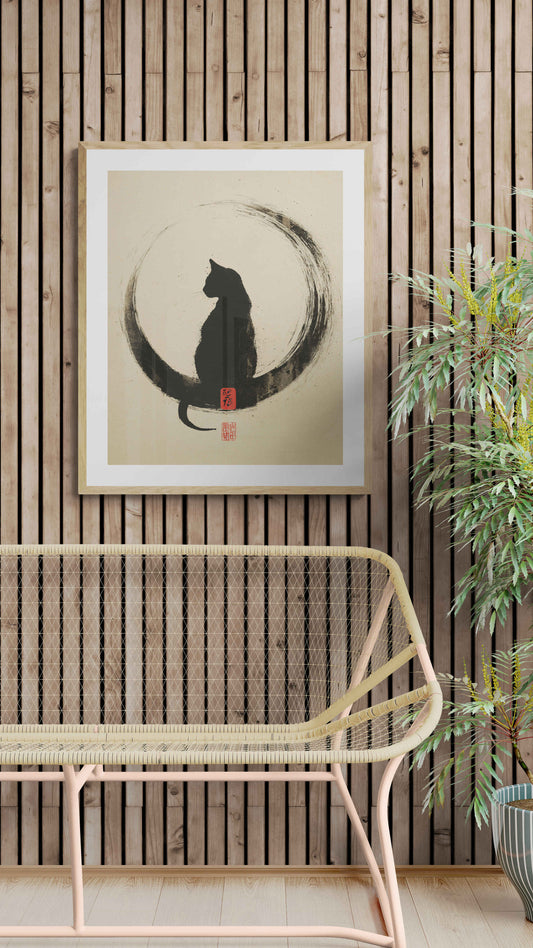 Within the Circle – Minimalist Ink Cat Wall Art