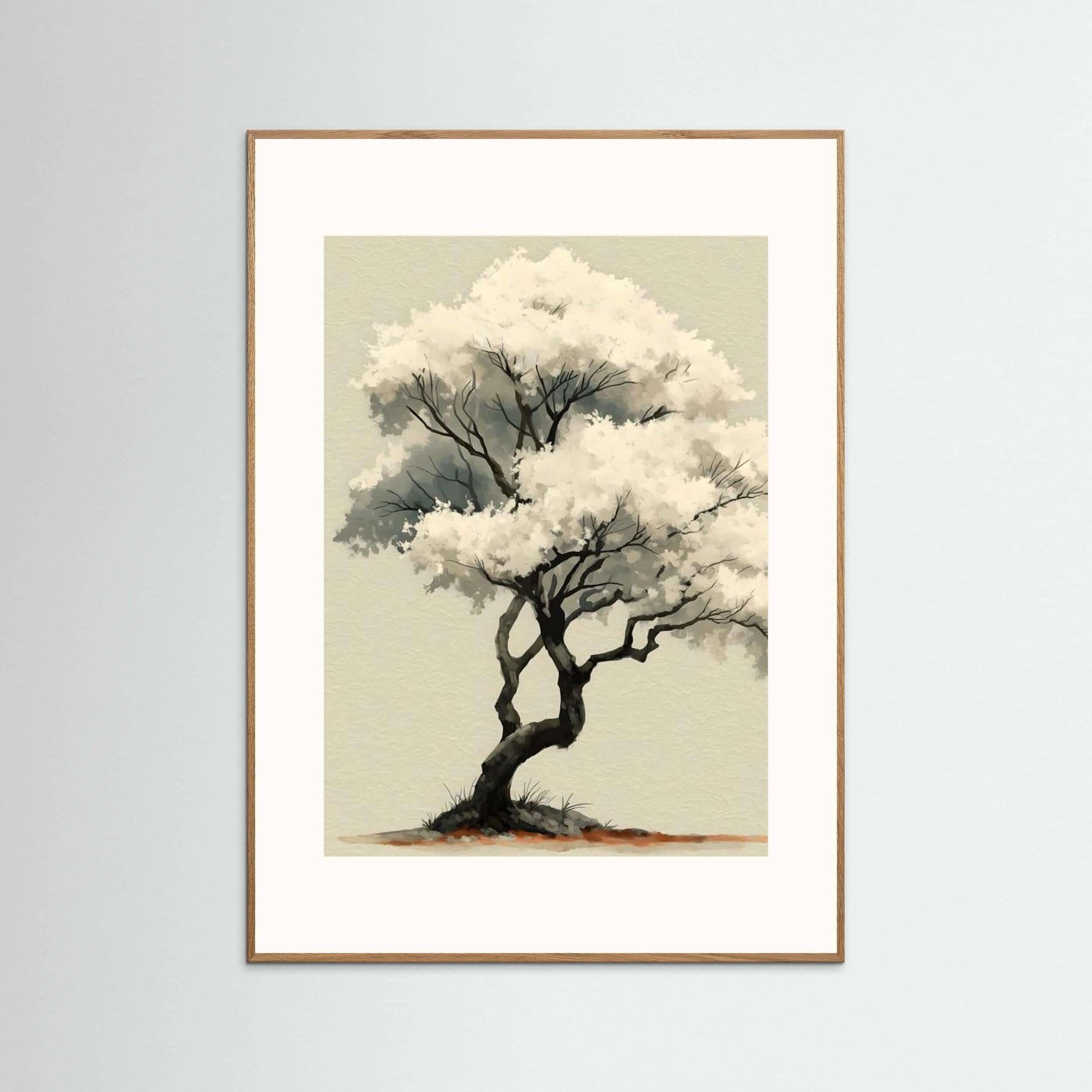 White Blossom Silence — Minimalist Zen Tree Wall Art Print