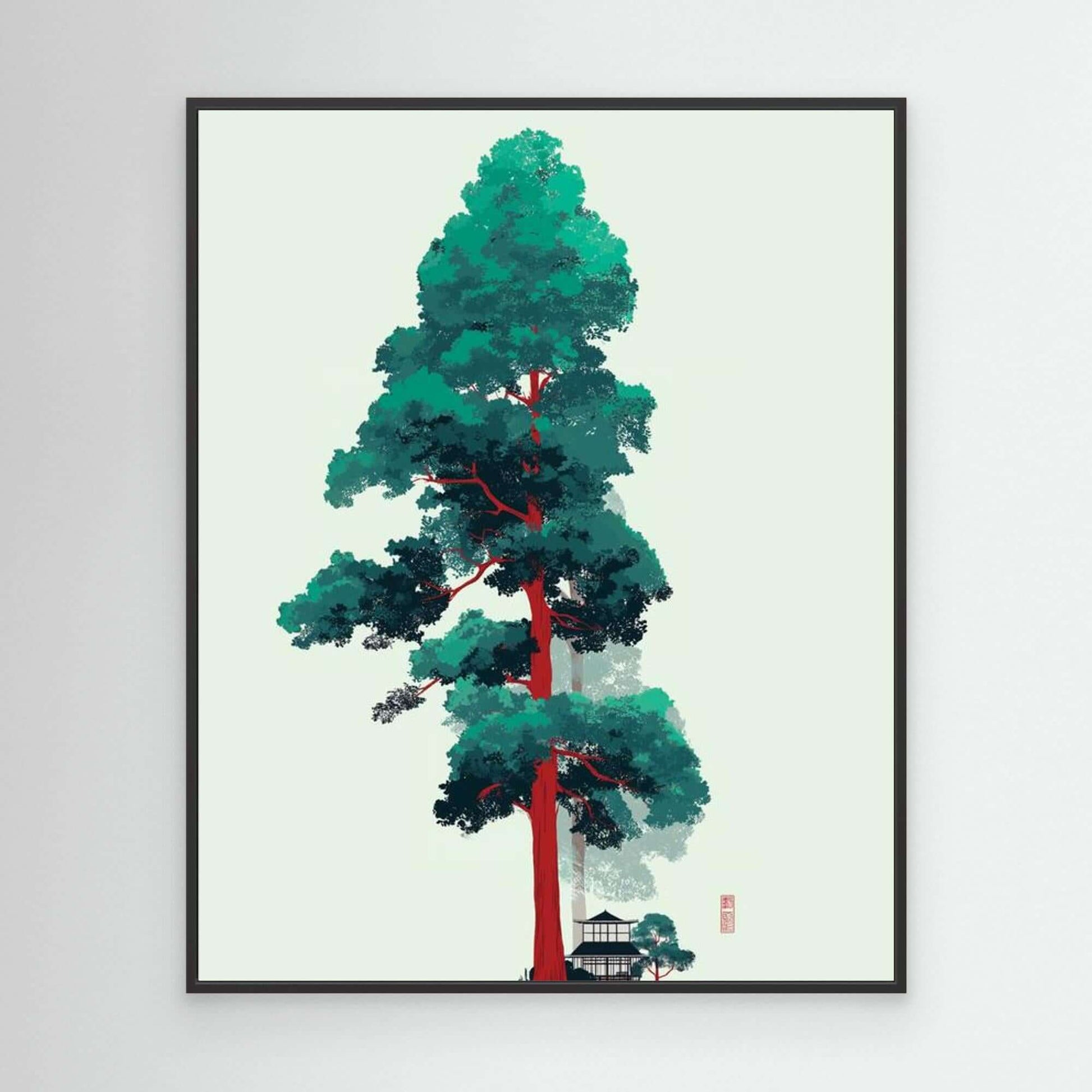 Japanese Tree Illustration | Red Trunk Green Leaves Minimalist Art