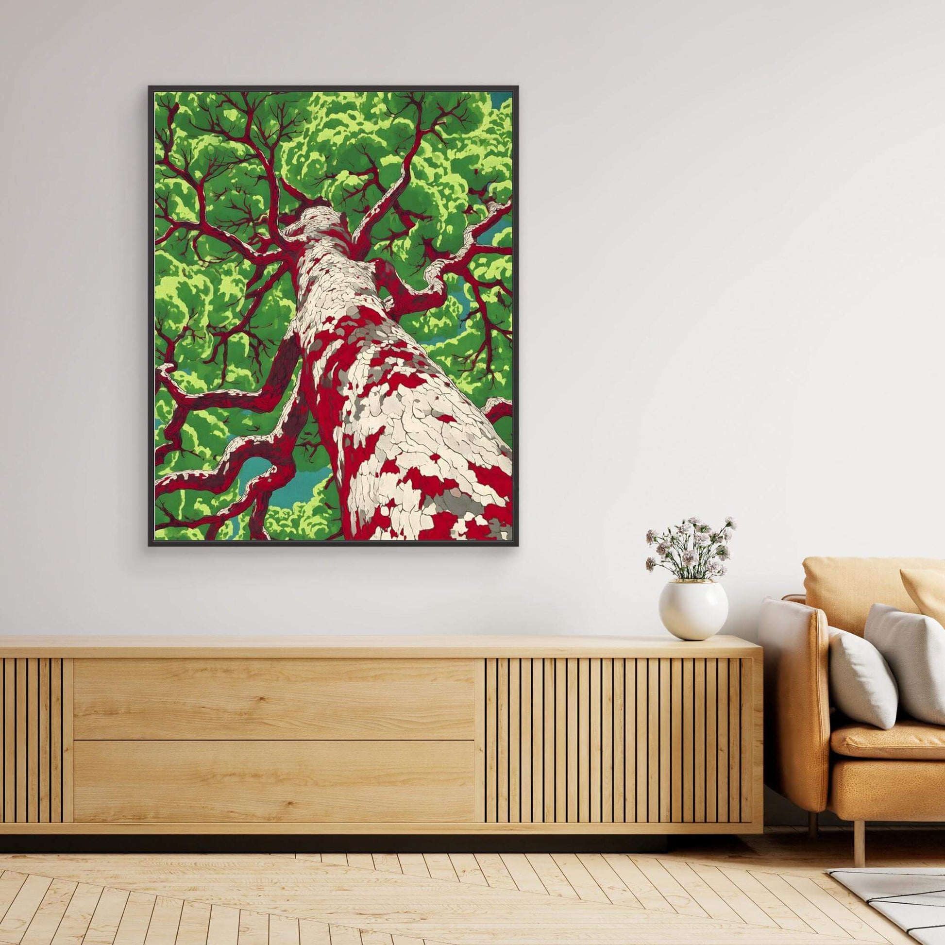 Pop Art Tree Print | Bold Red Branches Green Leaves Graphic Illustration