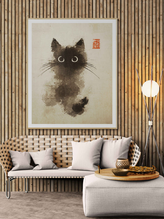 Moonlit Curiosity – Minimalist Ink Cat Wall Art