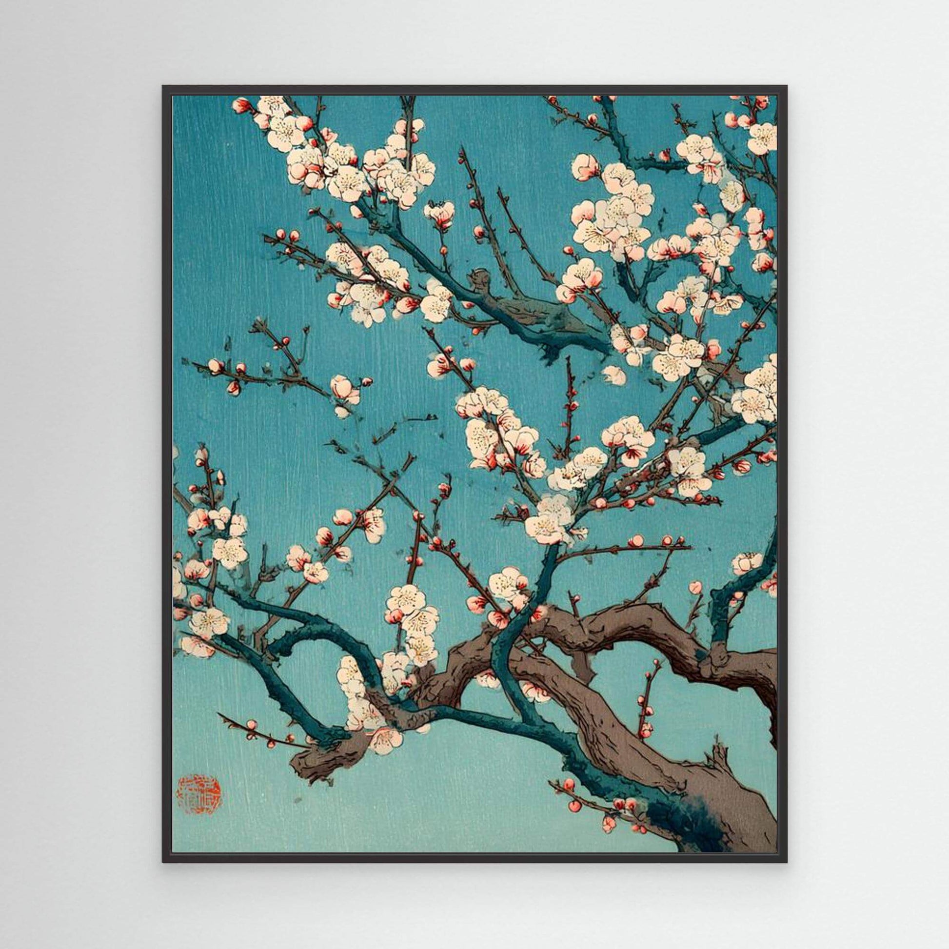 Japanese Cherry Blossom Art | Sakura Branch Teal Ukiyo-e Print