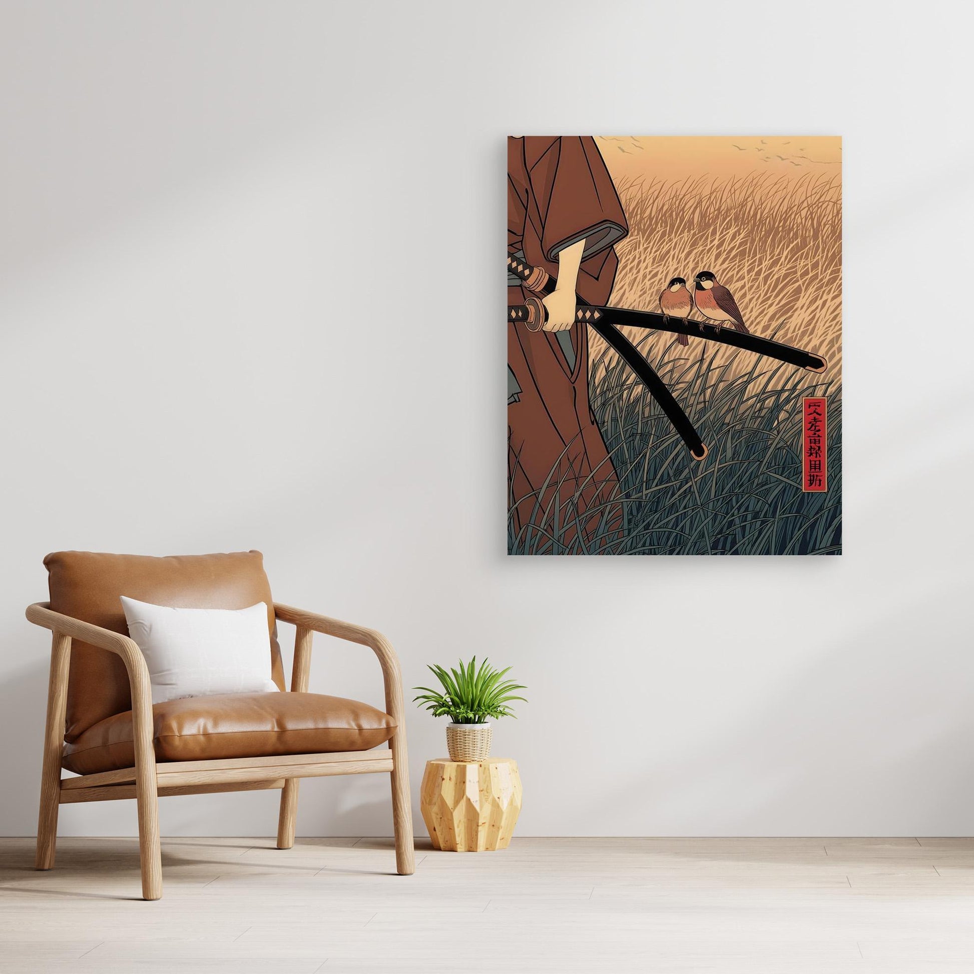 Peaceful Samurai Birds on Sword Ukiyo-e Art