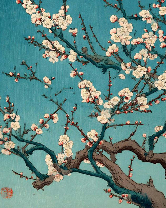 Japanese Cherry Blossom Art | Sakura Branch Teal Ukiyo-e Print