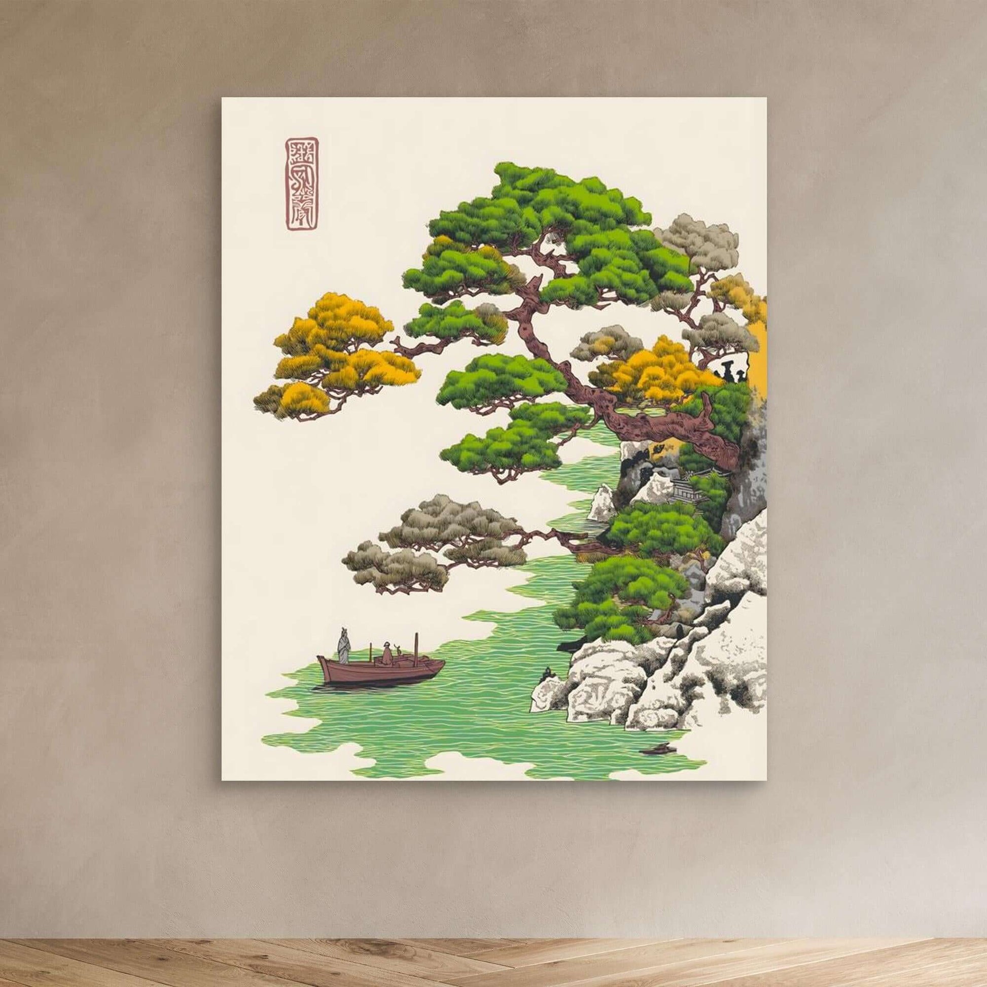Ukiyo-e Pine Tree Landscape with Boat | Japanese Woodblock Print Art (67 characters)