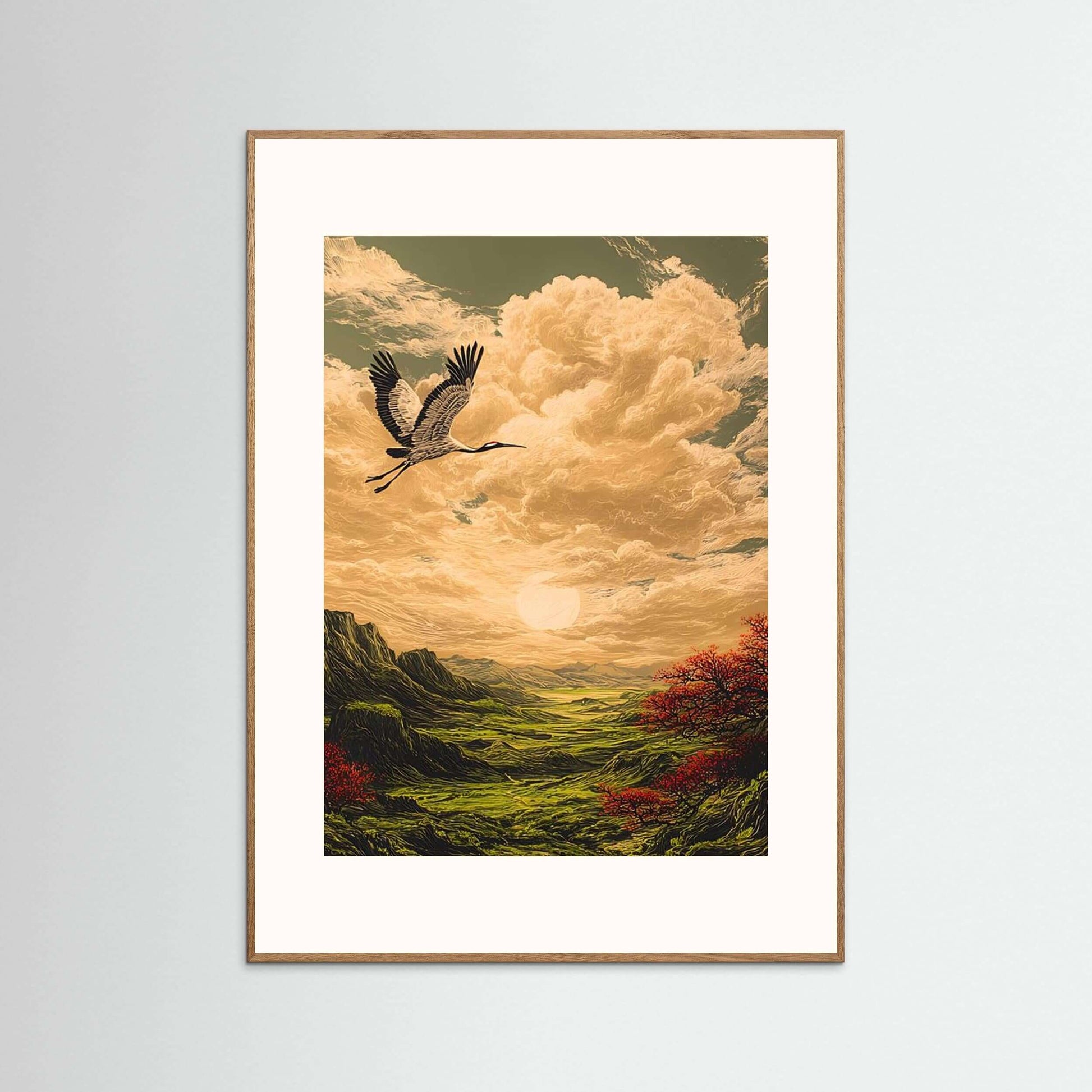 Crane Wall Art depicting a crane soaring over an emerald valley under a golden horizon with dramatic clouds.